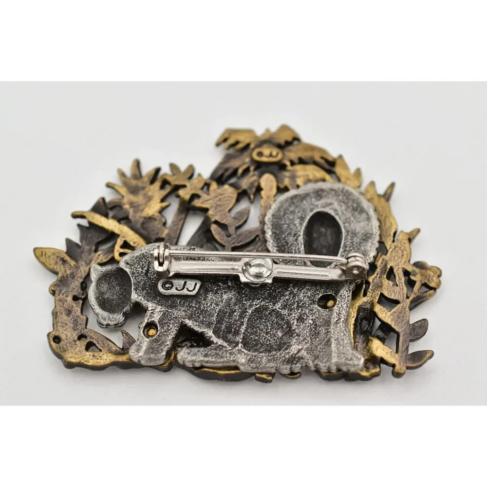 JJ Vintage Jungle Lion Pin Brooch Chunky Pewter Brass Chunky Rare Signed 80s 9B